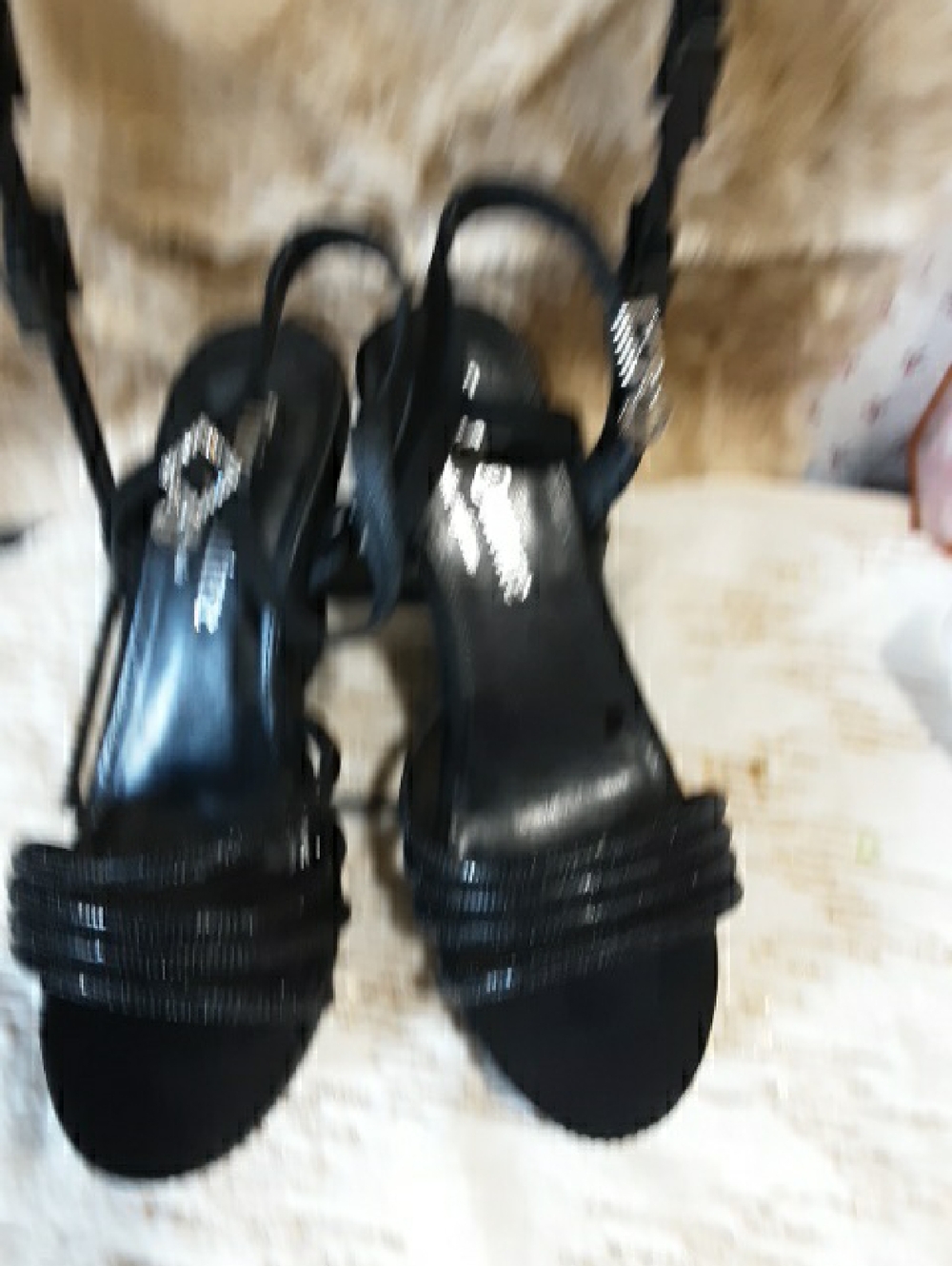 Juicy Couture Black Beaded Strappy Heels with Rhinestone Buckle